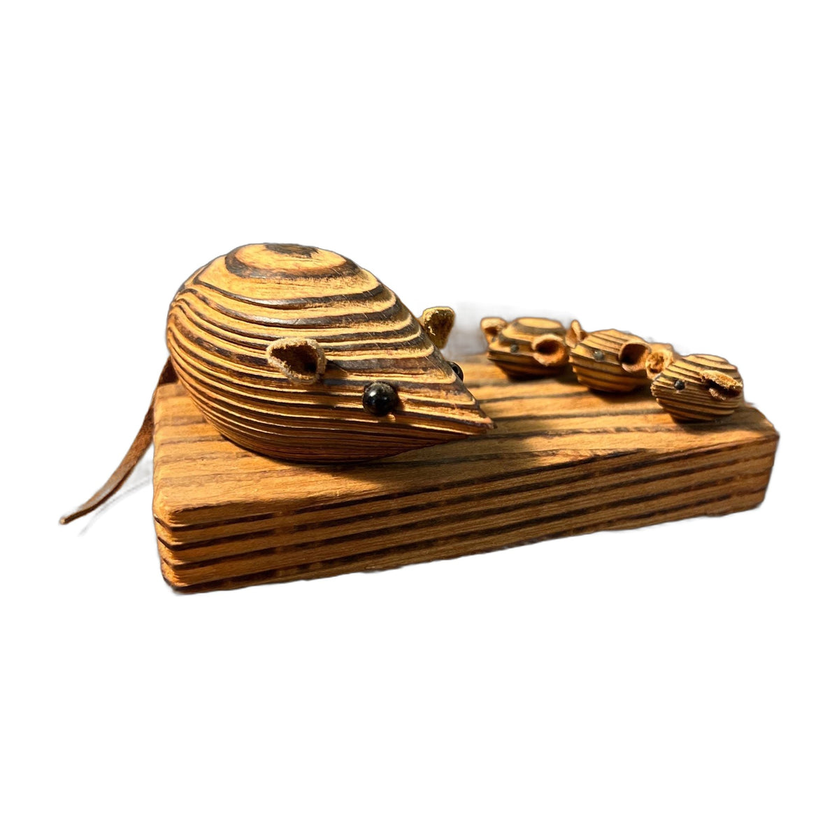 MCM Cryptomeria 2 Mice On Wood Base Figurine Sculpture Leather Ears Tails