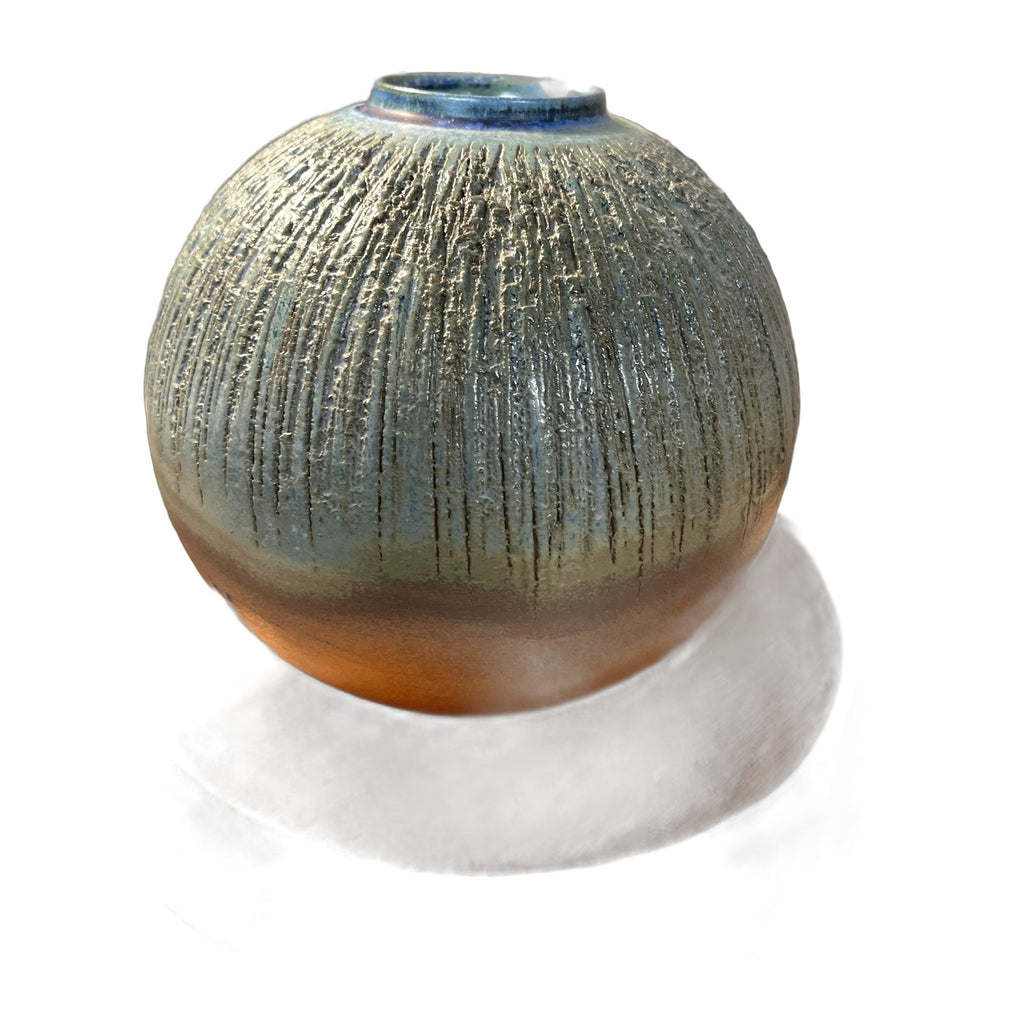 Mid Century Ikebana Vase Pottery TOYO Blue peachy pink Textured Modernist Vintage Japan