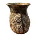 Mid Century Studio Art Pottery Tan Olive Green Floral and Monstera plant Vase Artist Signed