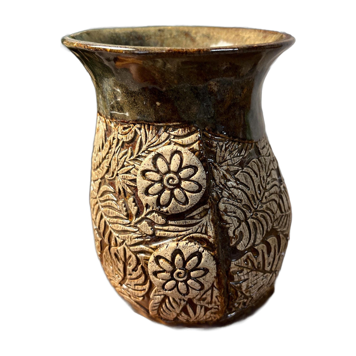 Mid Century Studio Art Pottery Tan Olive Green Floral and Monstera plant Vase Artist Signed