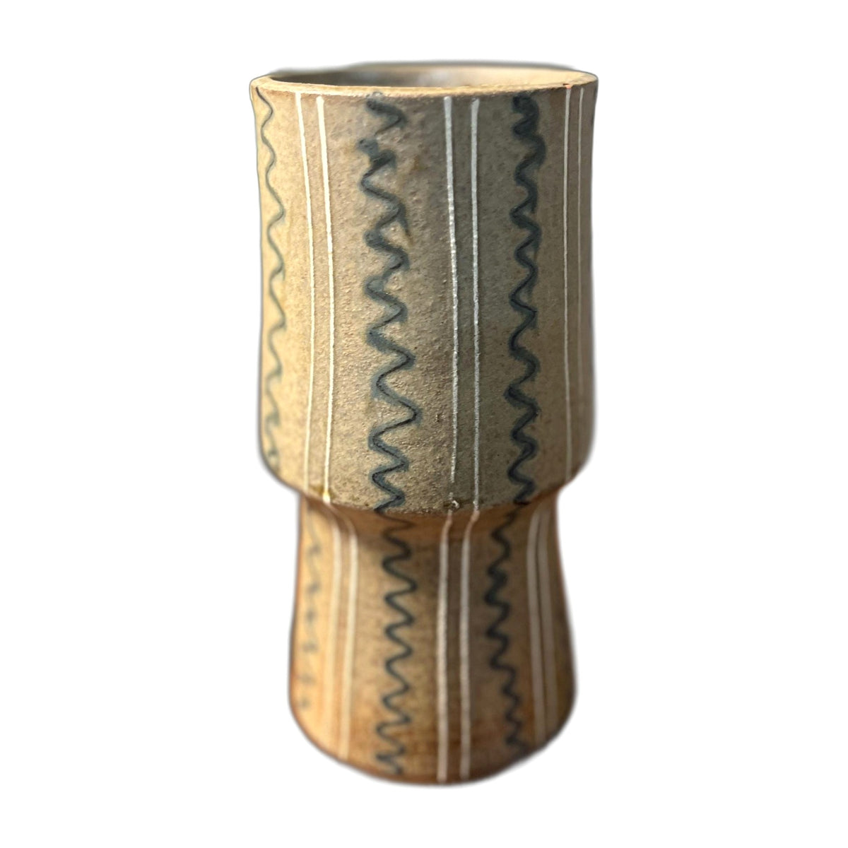 Mid Century Studio Art Pottery Tan Olive Green Modernist Vase Artist Sign