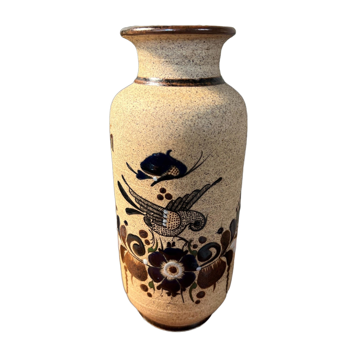 Netzi Mexican Pottery Sandstone Vase Glazed Flowers Fern Folk Art Bird