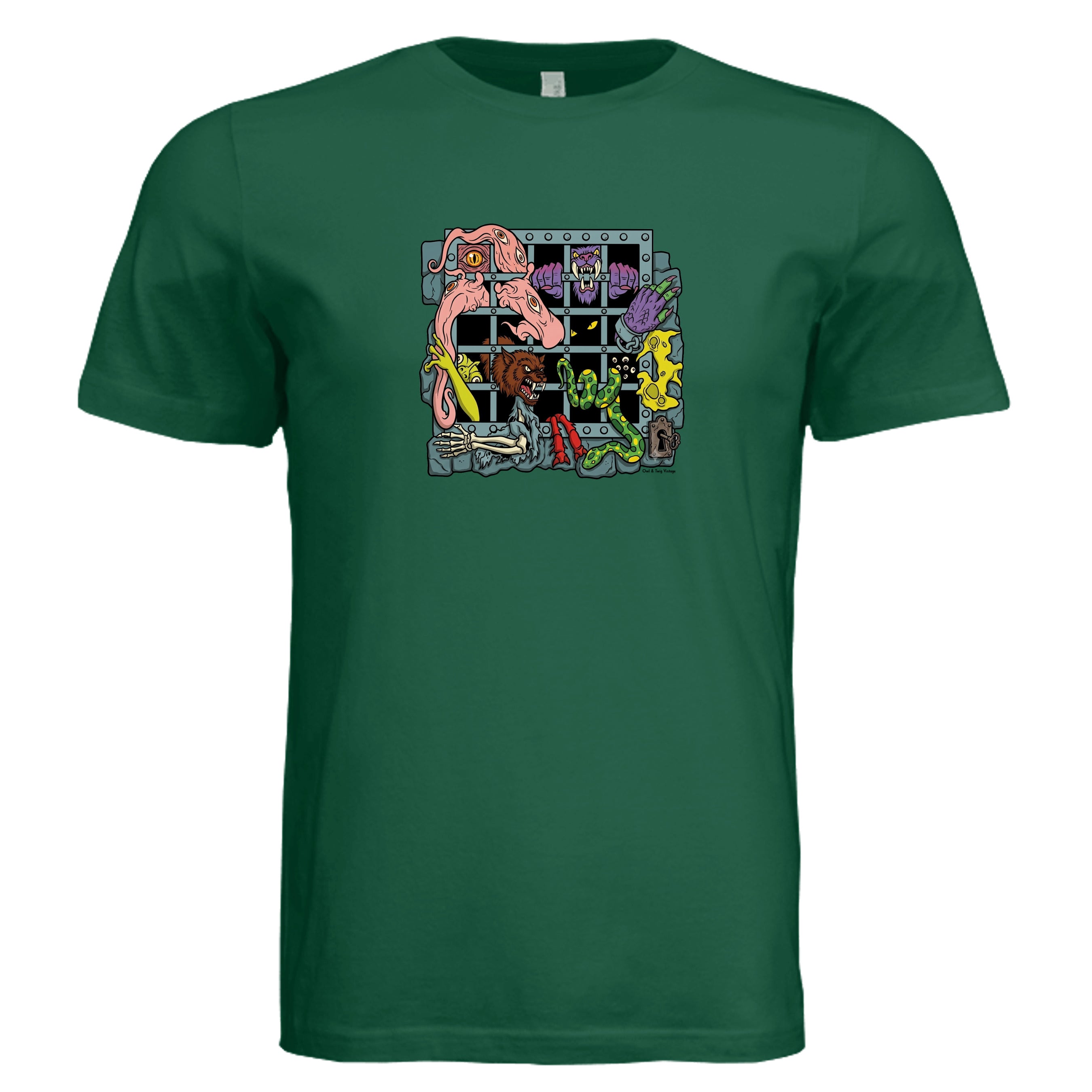 MOTU Castle Grayskull dungeon tee in kelly triblend — Owl and Twig Vintage