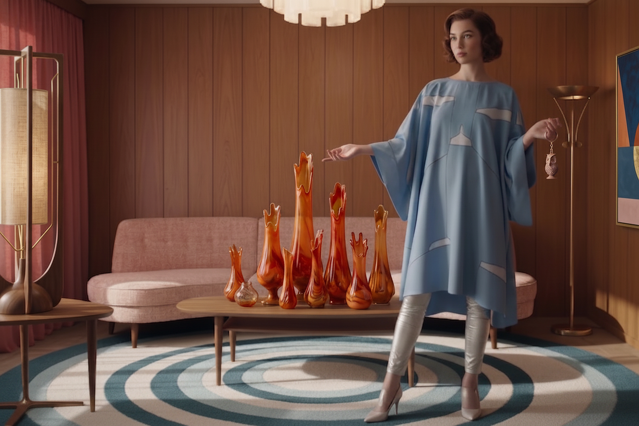 A mid century living room with a collection of orange swung glass vases and an owl keychain