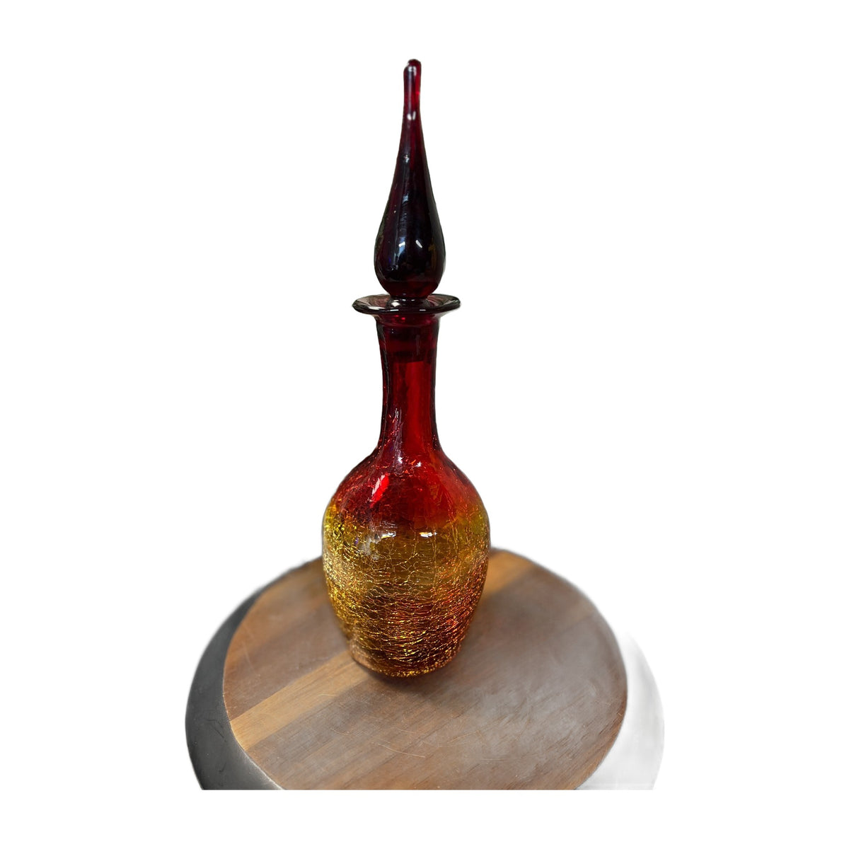 Pilgrim #23 - Ruby Orange Tangerine Flame Crackle Glass Decanter