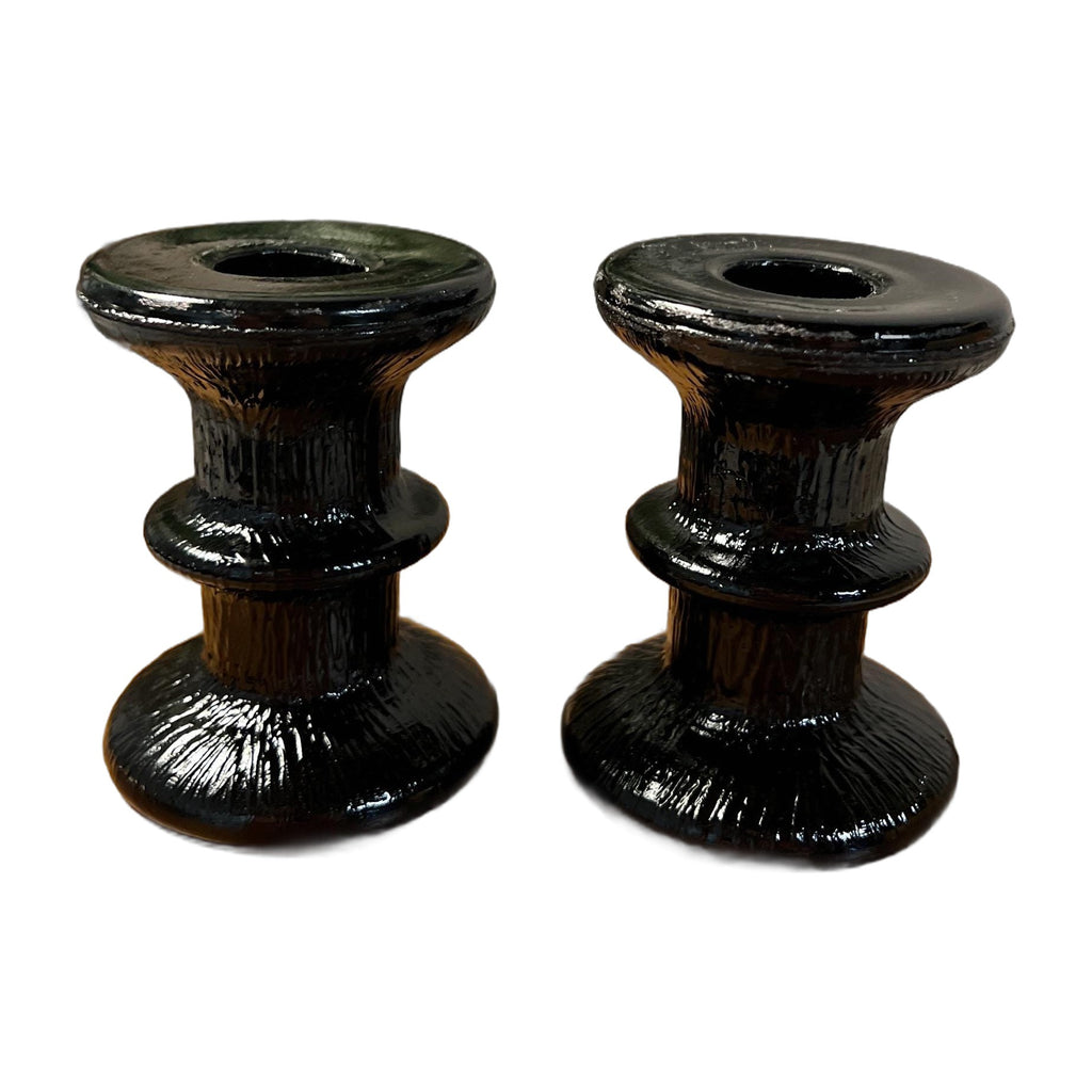 Set of 2 Indiana Glass Ice Tree Bark Candlesticks Black Glass lucites not included