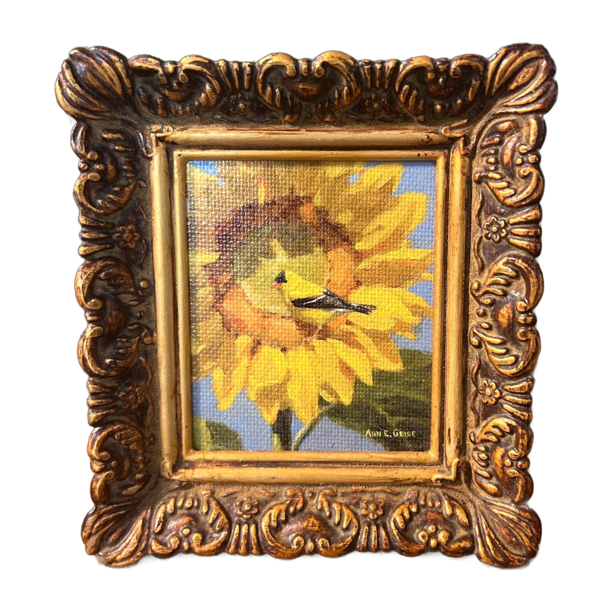 Sunflower with yellow finch flowers, original signed by artist Painting, small, mini, Framed