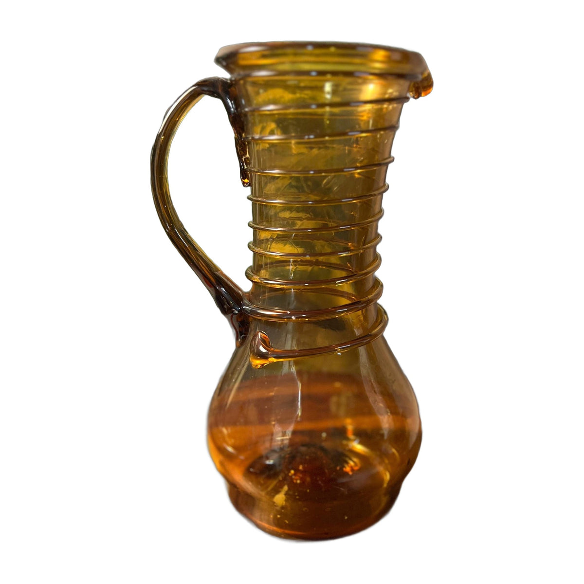 Vintage Amber Glass pitcher Hand blown Mid-Century Modern with a spiral rope design