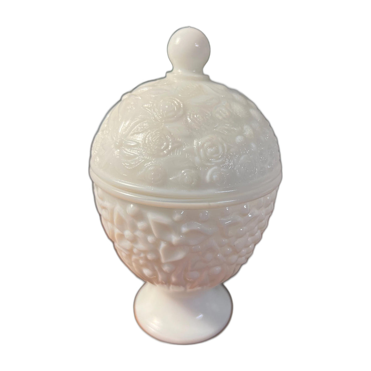 Vintage Avon Covered Candy Dish Apothecary Trinket Jar Milk Glass Flowers 1960s