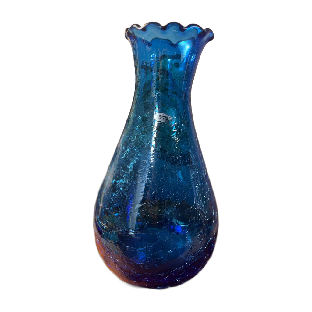 Vintage Blenko Blue Ruffled Top Crackle Vase with sticker signed Richard Blenko