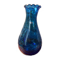 Vintage Blenko Blue Ruffled Top Crackle Vase with sticker signed Richard Blenko