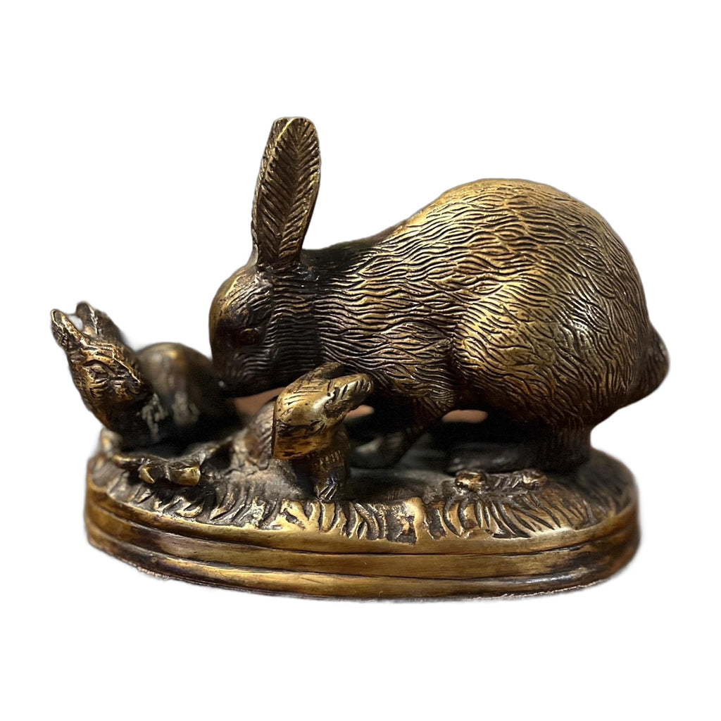 Vintage Brass Rabbit Mother Babies Bunny Brass Paperweight
