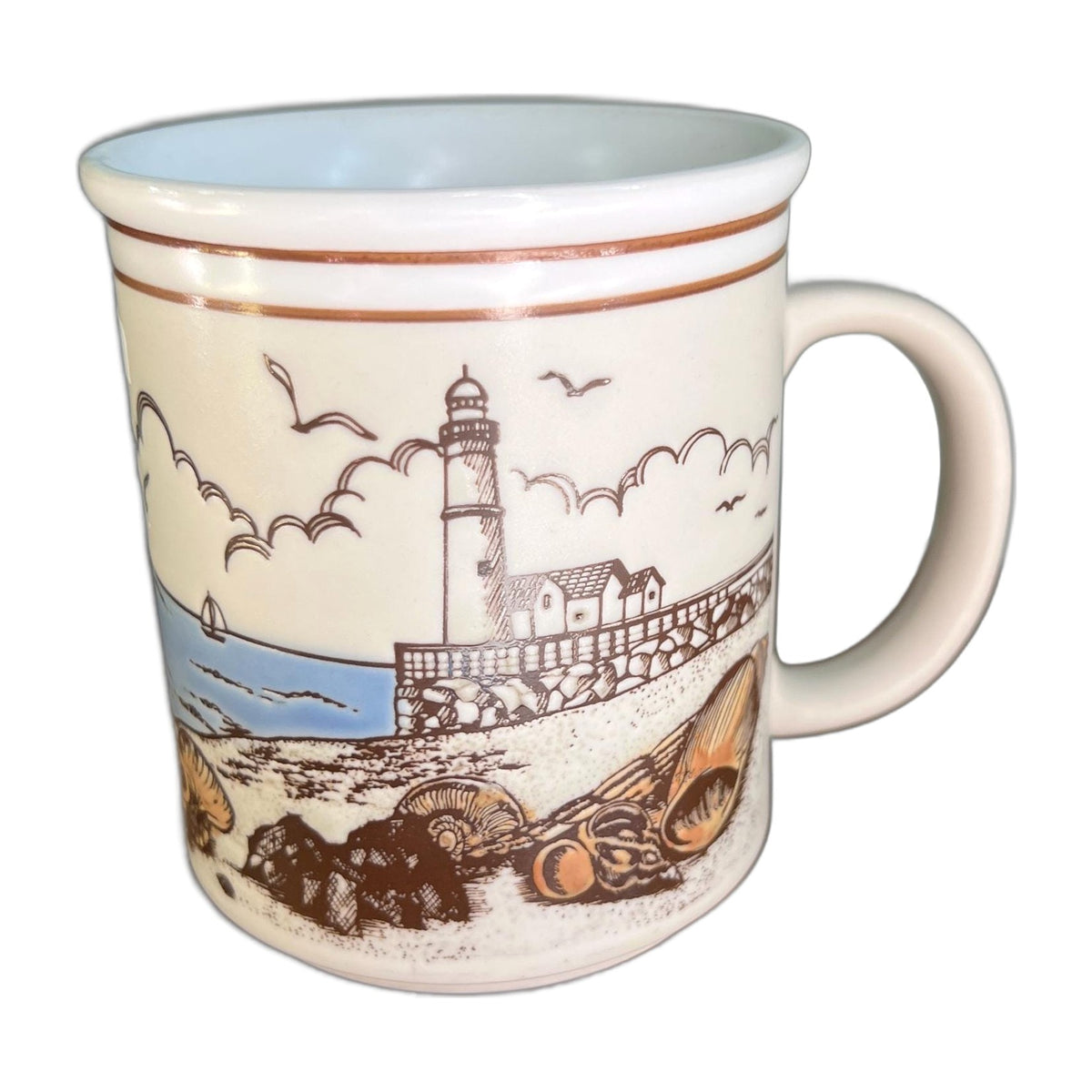Vintage Ceramic Mug Action Japan Seaside Lighthouse Scene 4"H