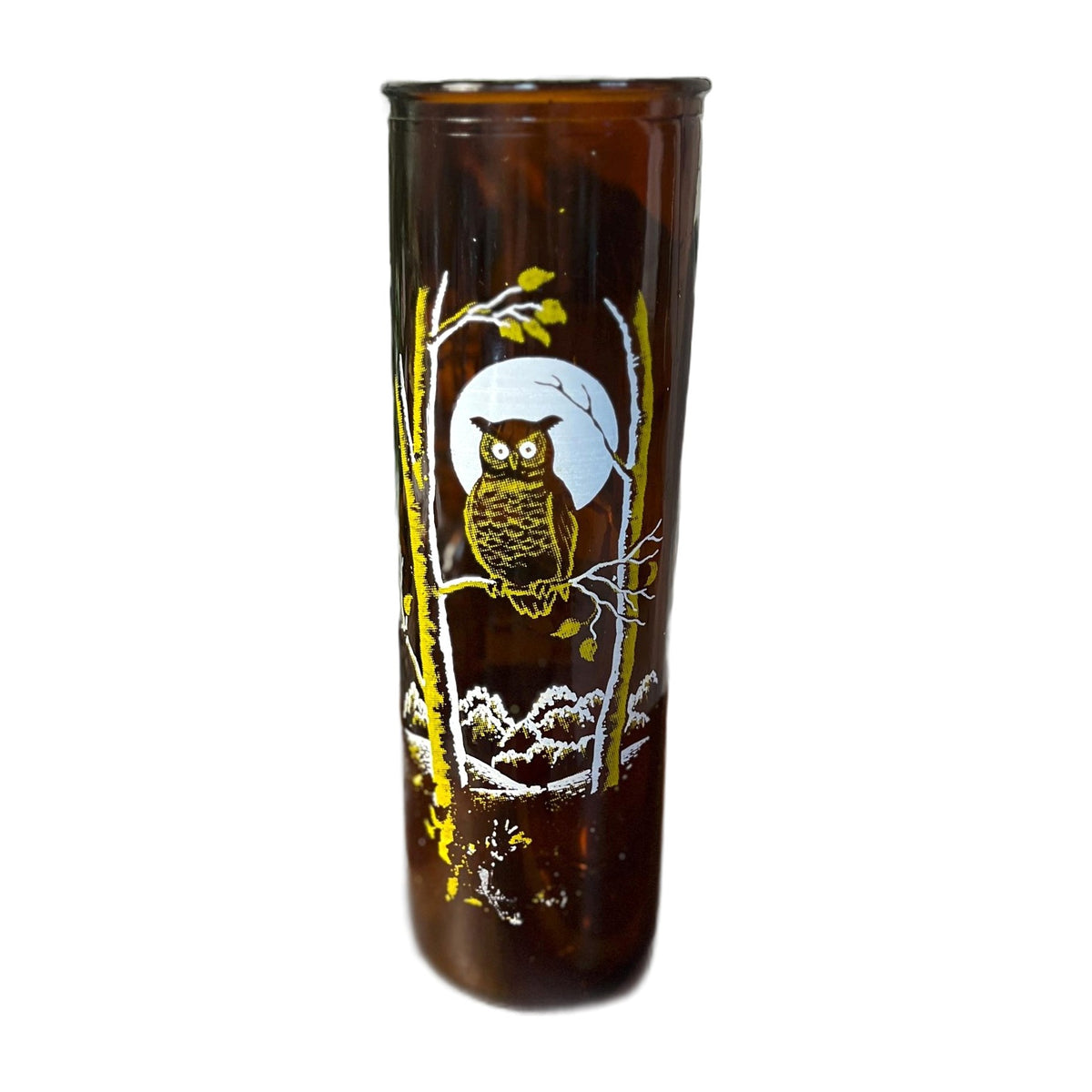 Vintage Double Sided Amber Glass 9" Tall Pillar Owl Candle 1970s Retro MCM Design