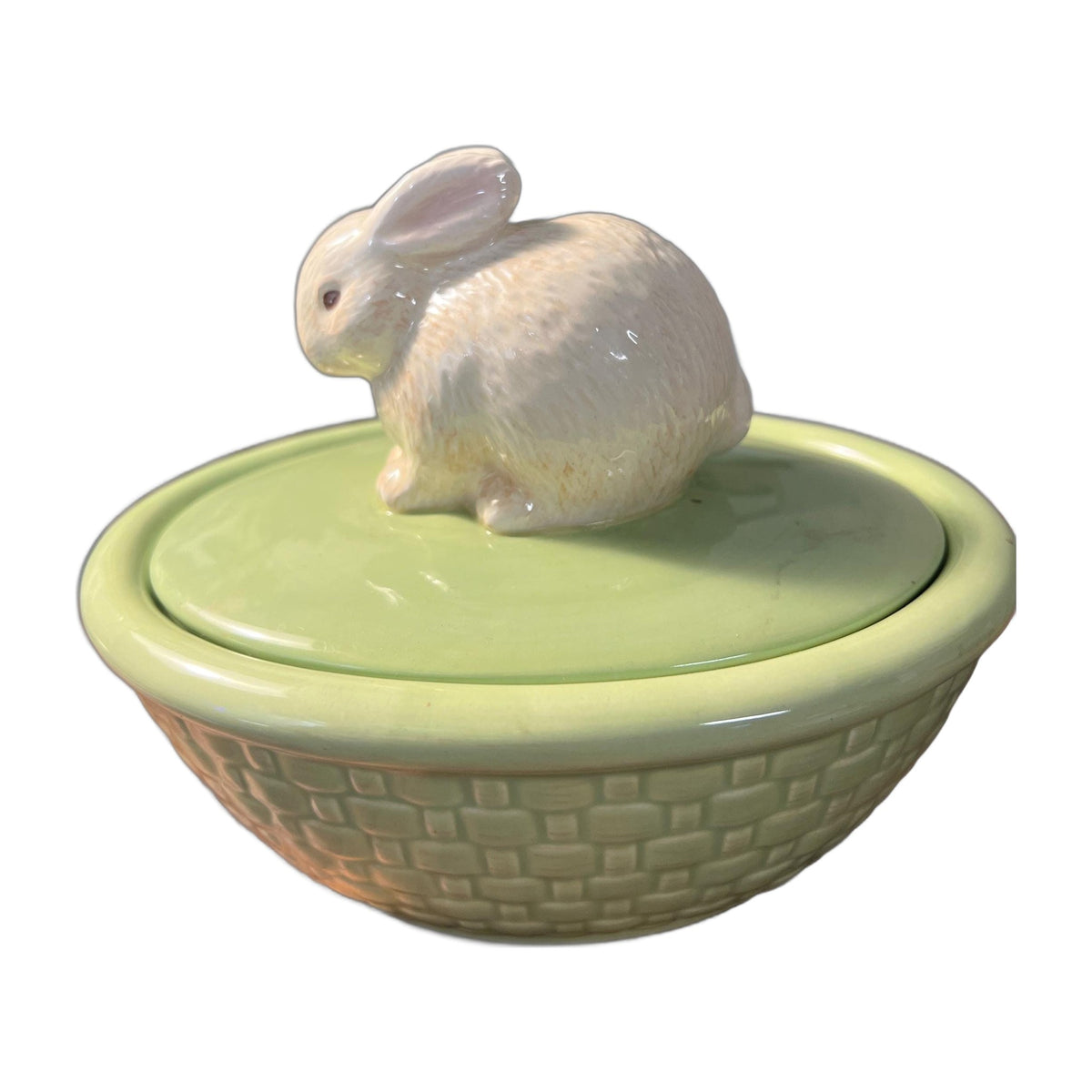 Vintage Hallmark Green Basket Weave Bowl with Bunny Lid