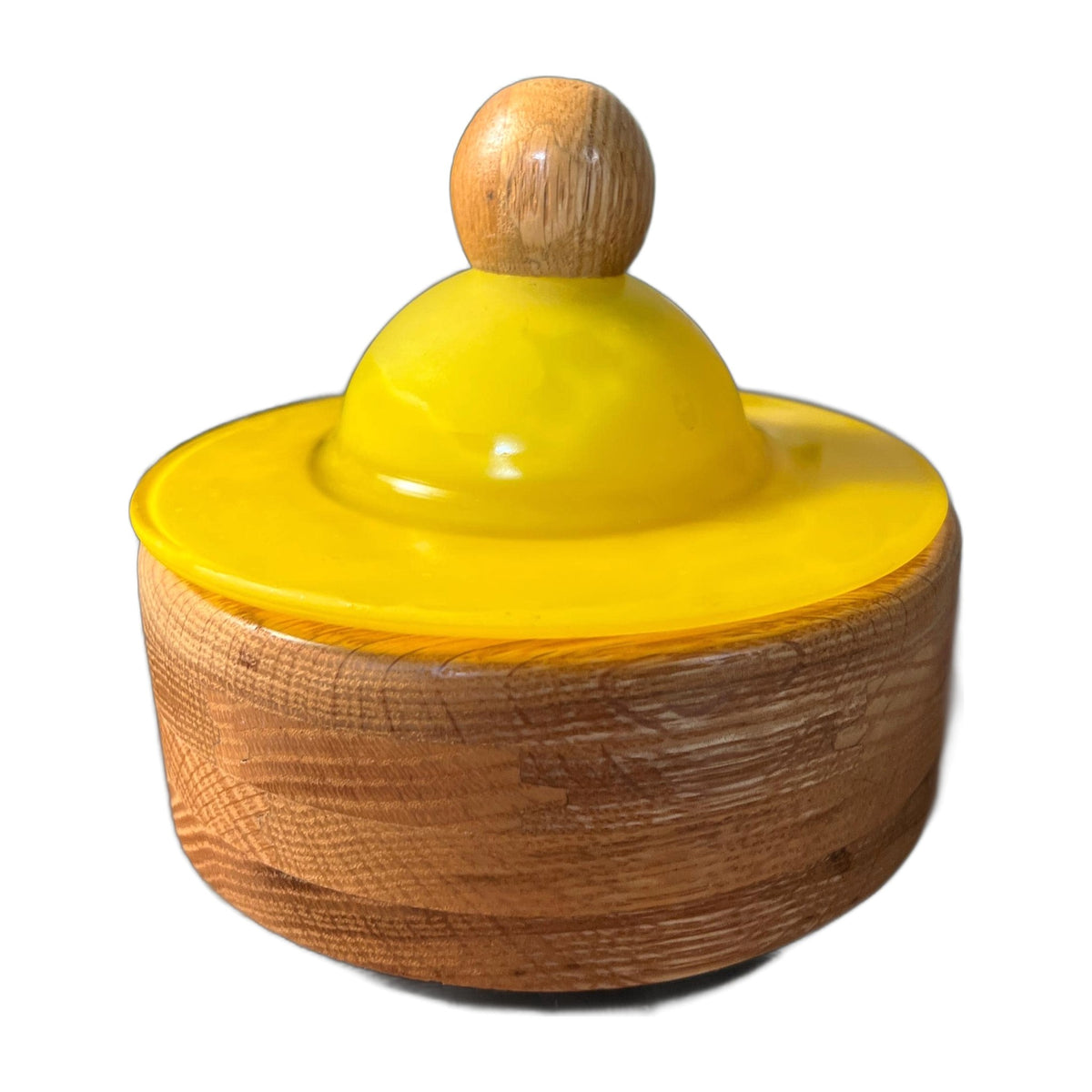 Vintage Handcarved Wood Bowl with Satin Yellow Glass Lid and wooden top