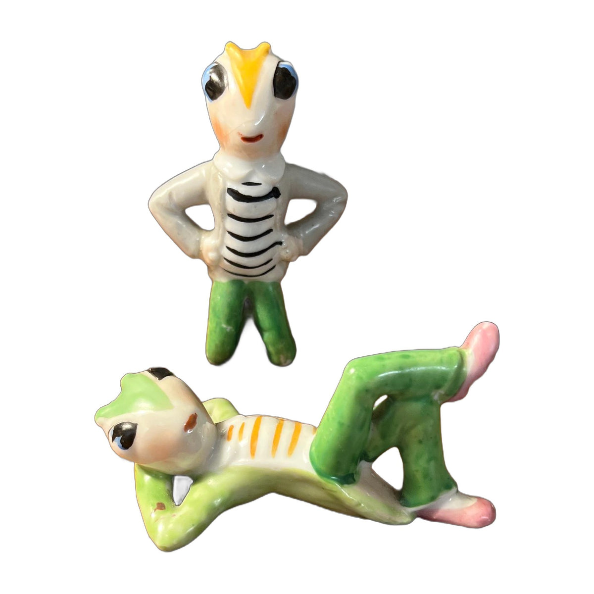 Vintage Japan Set of 2 Anthropomorphic Cricket Bugs Insect Figurine Green & Gold