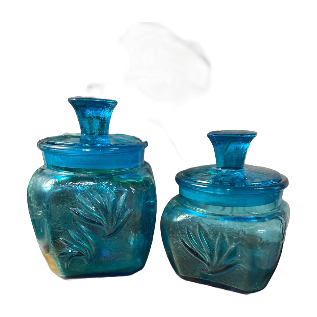 Vintage L E Smith Blue 1960 Sand Swirl Canister Set of 2 Turquoise Glass W Lids