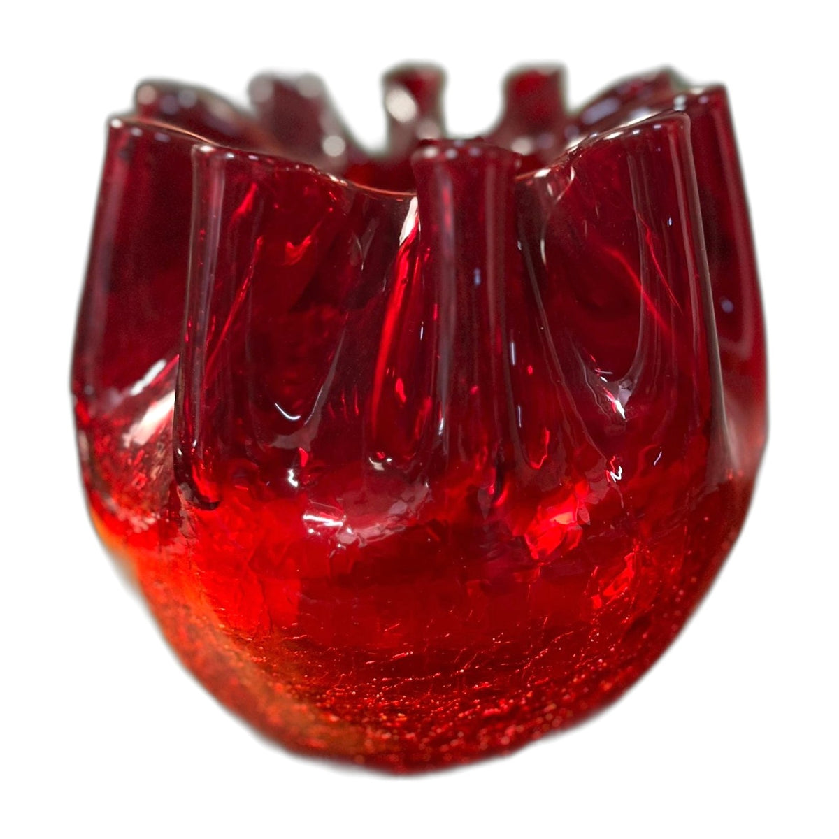 Vintage MCM Pilgrim Glass Red Crimped Edge Crackle Glass 5 Bowl Vase