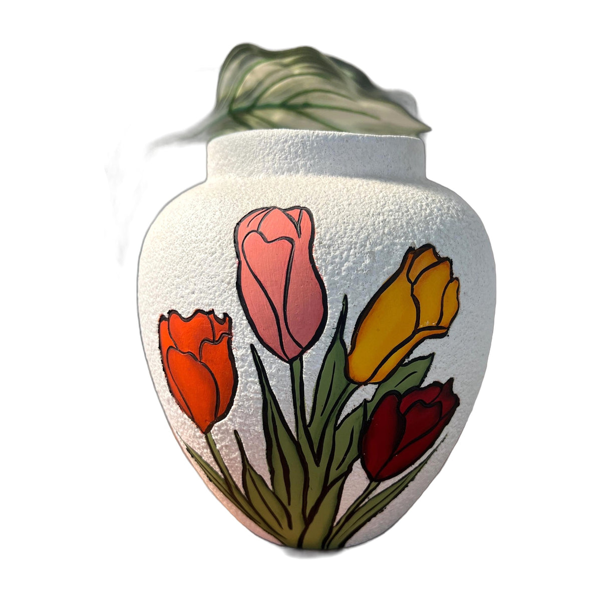 Vintage MCM Tulip Decorated Ceramic Vase Textured Hobbyist signed