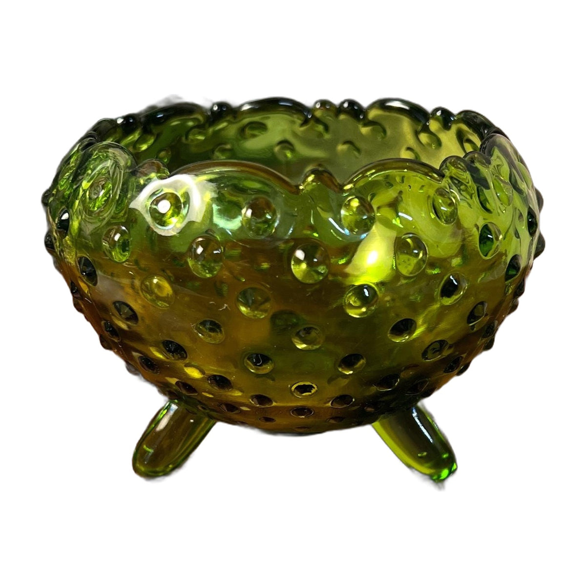 Vintage Mid Century LE Smith Glass Green Hobnail Rose Bowl Dish Vase 3 Footed