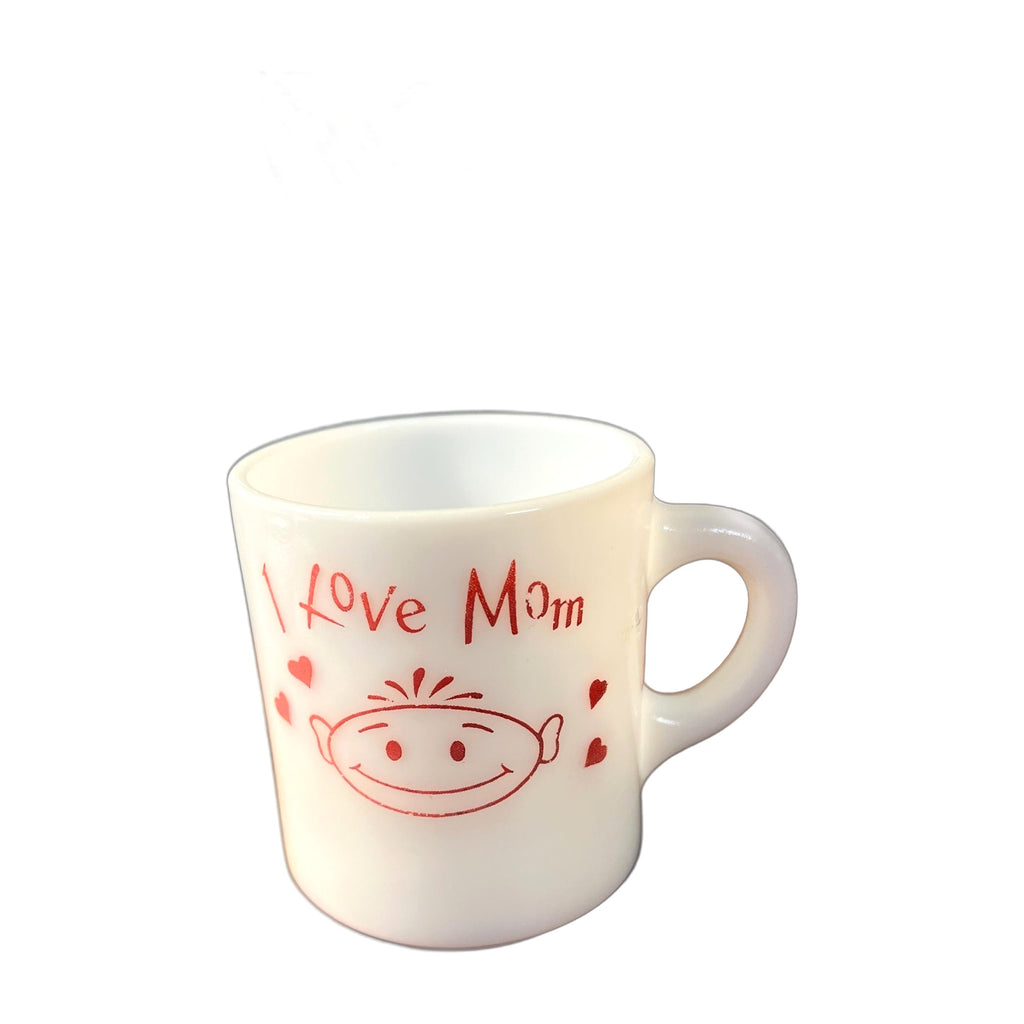 Vintage Milk Glass Coffee Cup Mug I LOVE MOM 8 oz White w Red Script Mothers Day