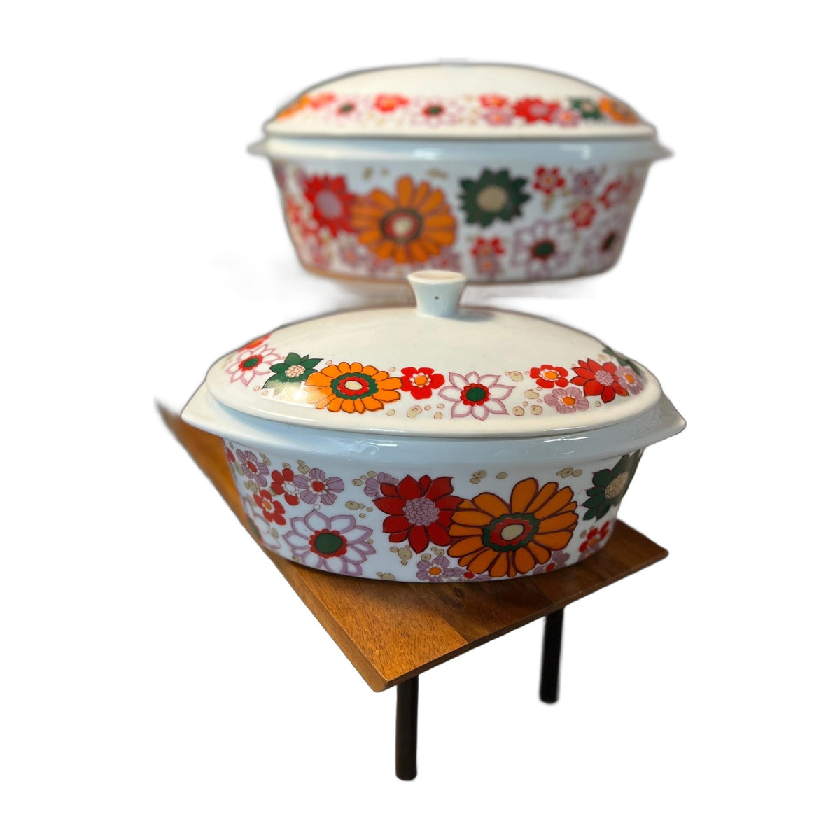 Vintage REAL Brazil Calorama Porcelain Baking Casserole Dish Multicolor Flowers 2 Dishes with lids
