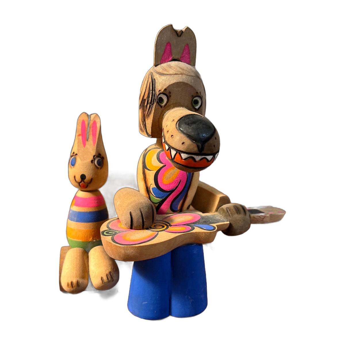 Vintage Russian Beriozka Folk Art Wooden Doll Toy, Wolf playing Guitar with Bunny
