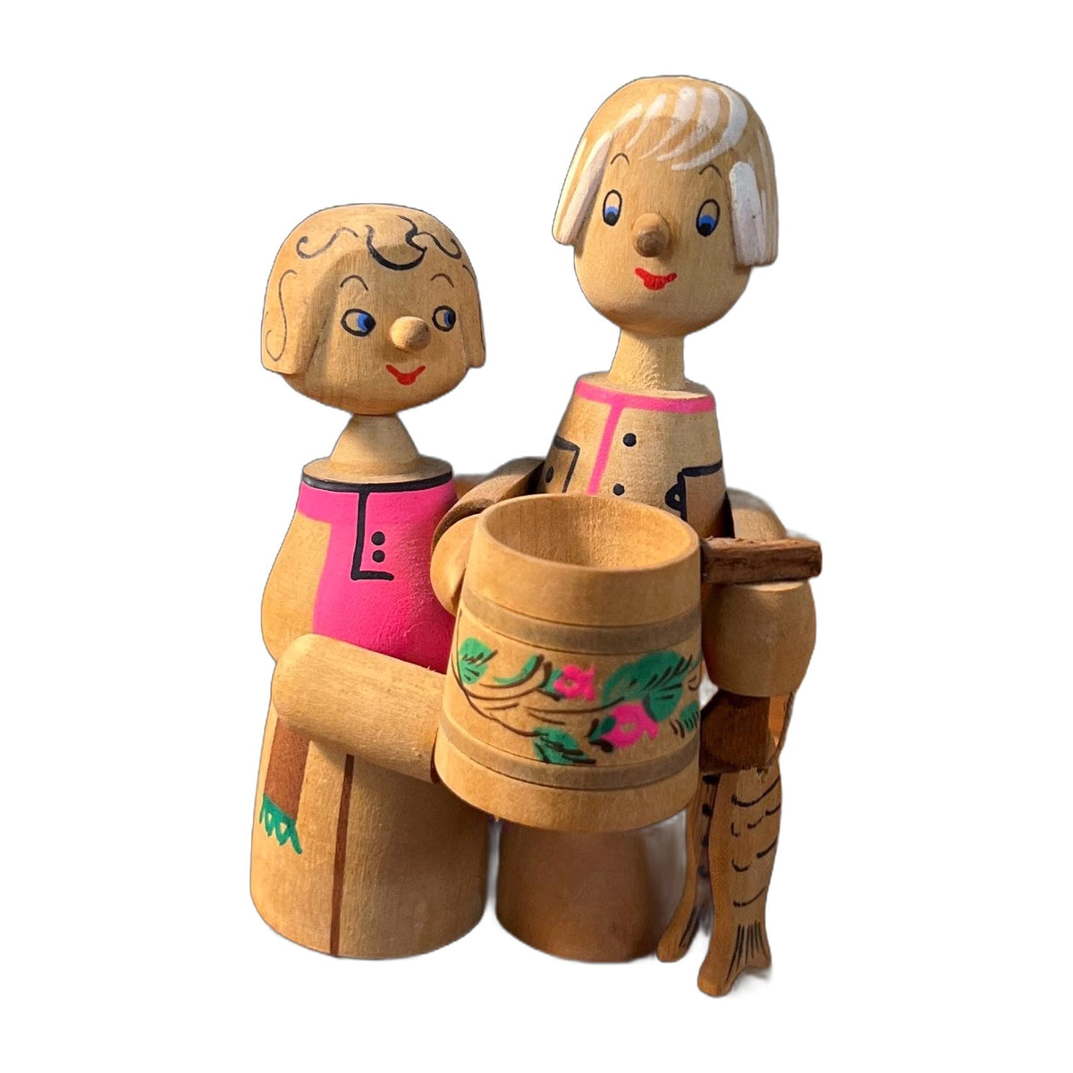 Vintage Russian Wooden Folk Art Figurines with Beer Mug Moscow 1982 Stay glo paint