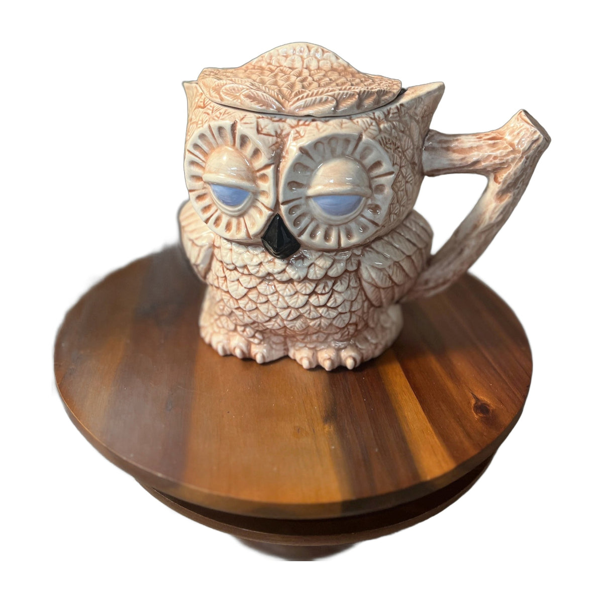 Vintage Sleepy Owl Ceramic Coffee Tea Two Sided Pitcher Retro 70s Wood Woodland