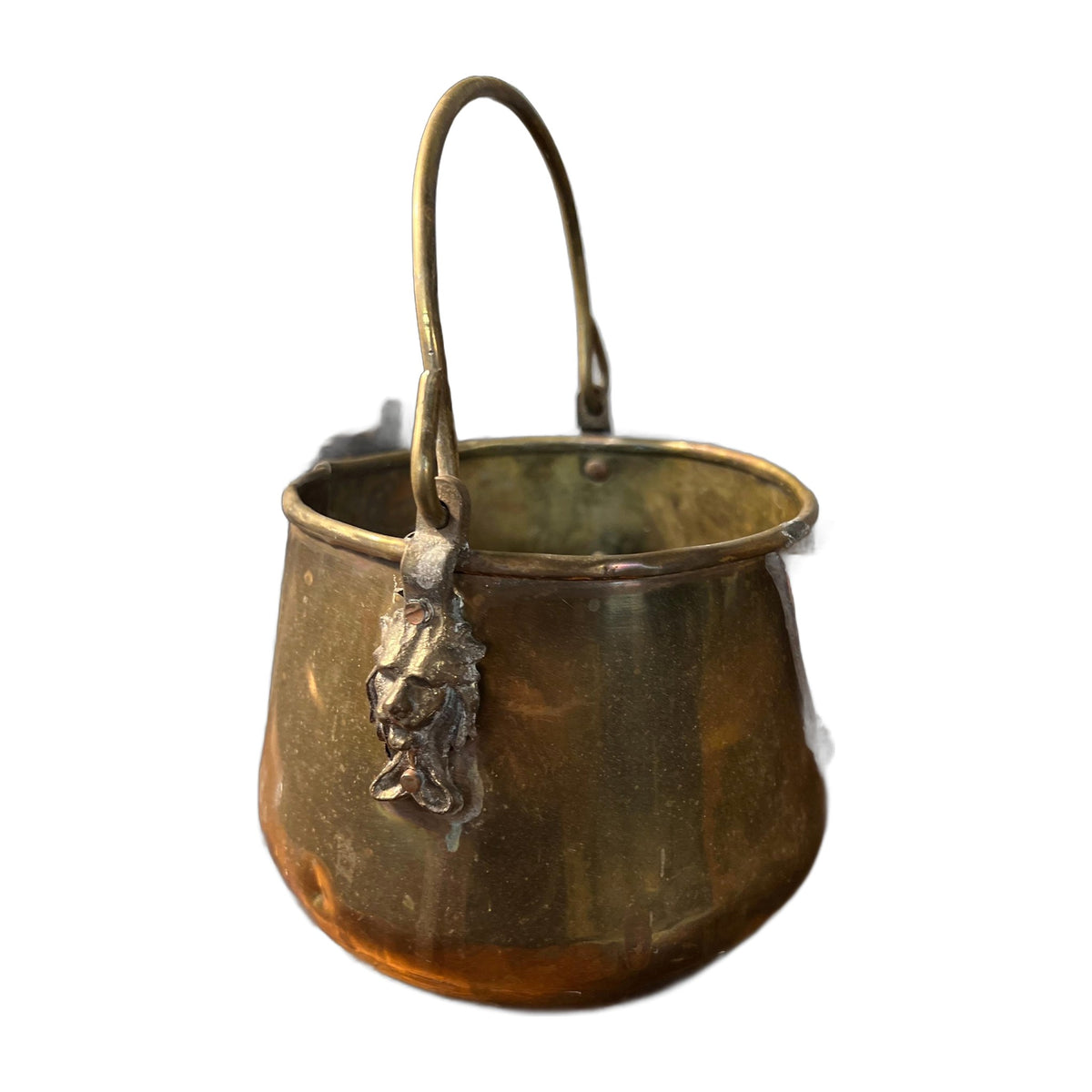 Vintage Small Brass Planter W/Top Handle & Side Handles Lion Faces