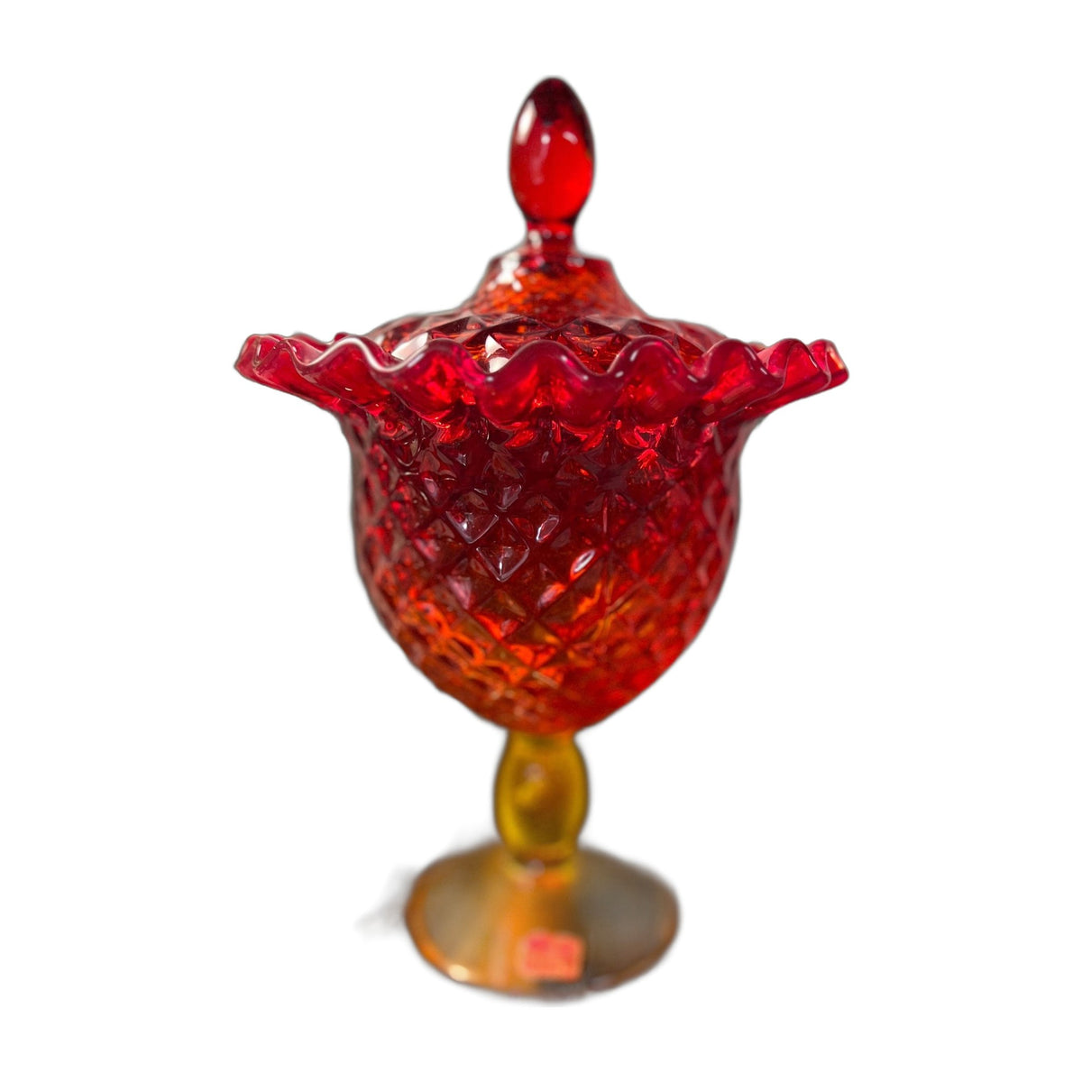 Vintage Viking Glass Yesteryear Amberina Crimped Lid Pedestal Cover with red foil sticker