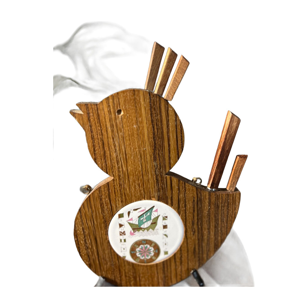 Vtg bird shaped Cheese Bread Cutting Board Wood With Tile made in Japan With Knife and small forks