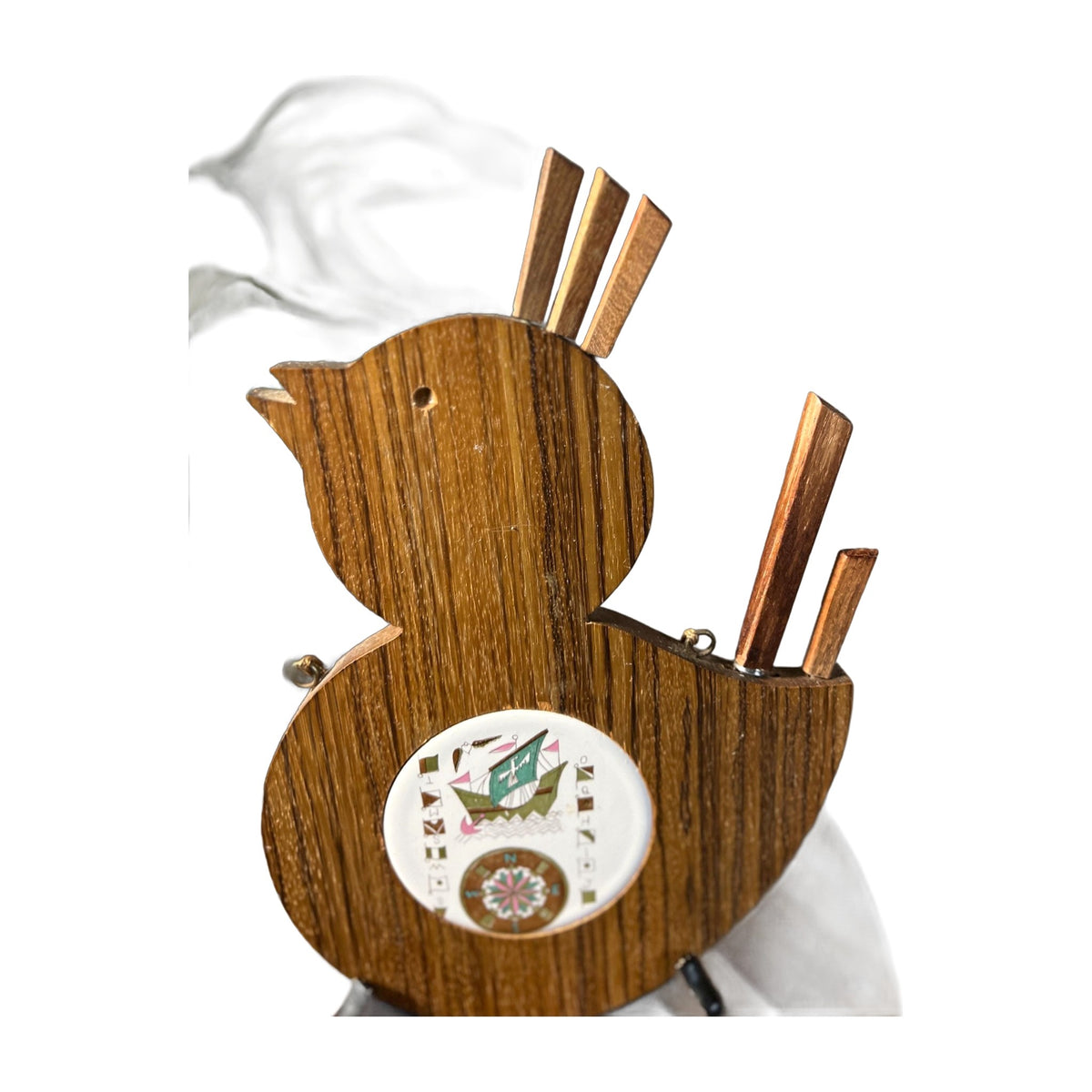 Vtg bird shaped Cheese Bread Cutting Board Wood With Tile made in Japan With Knife and small forks