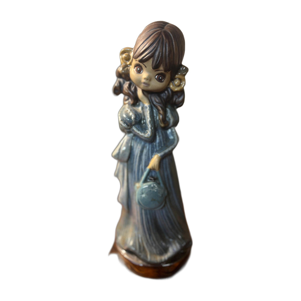 Vtg Ceramic Hand Painted Girl Holding Purse Blue Dress Figurine Signed Mary 1980
