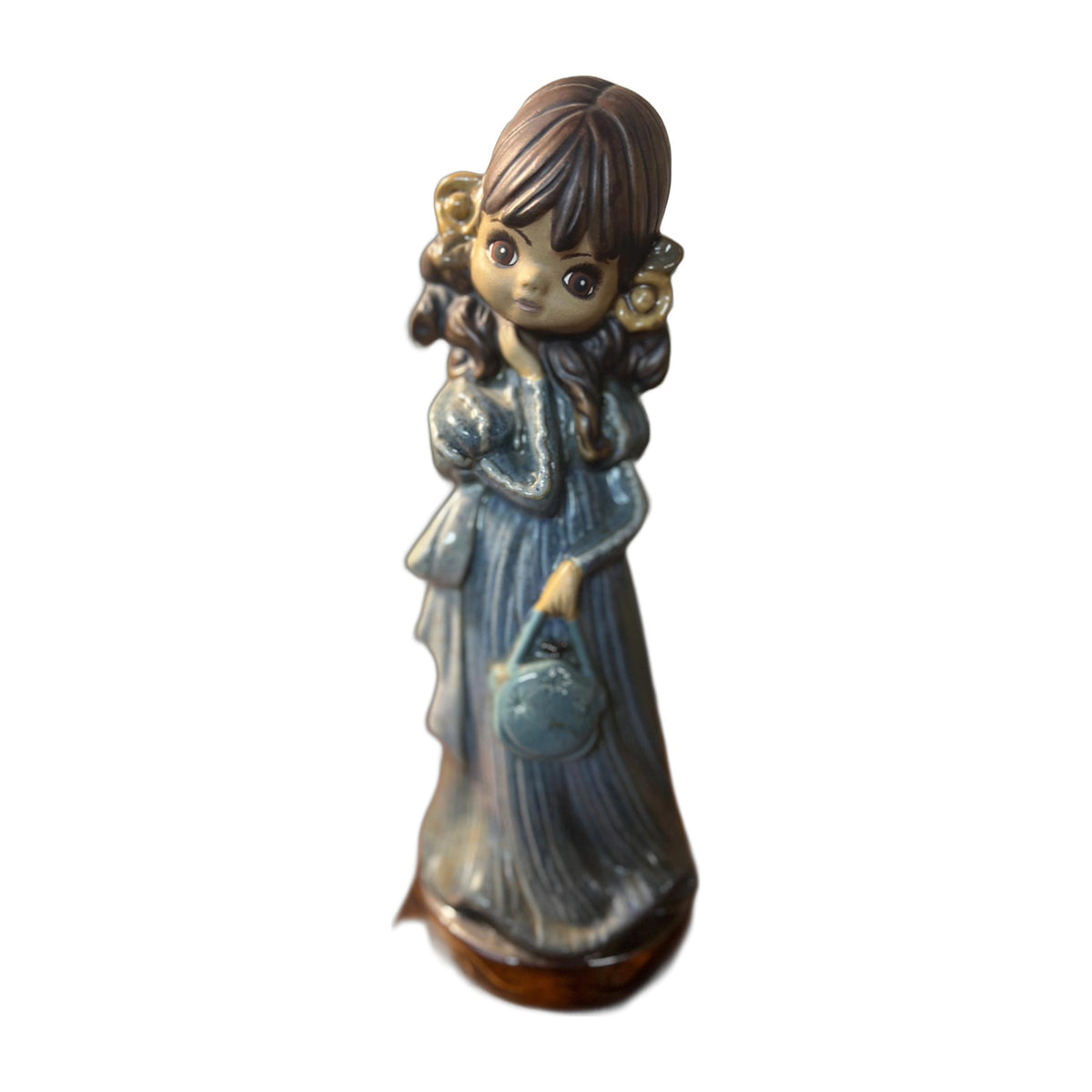 Vtg Ceramic Hand Painted Girl Holding Purse Blue Dress Figurine Signed Mary 1980