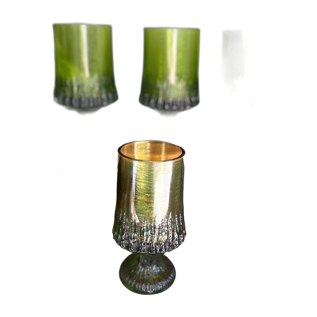 VTG Fostoria Sorrento Green Footed Glass Texture Wine Goblet Heavy Set 4 70s