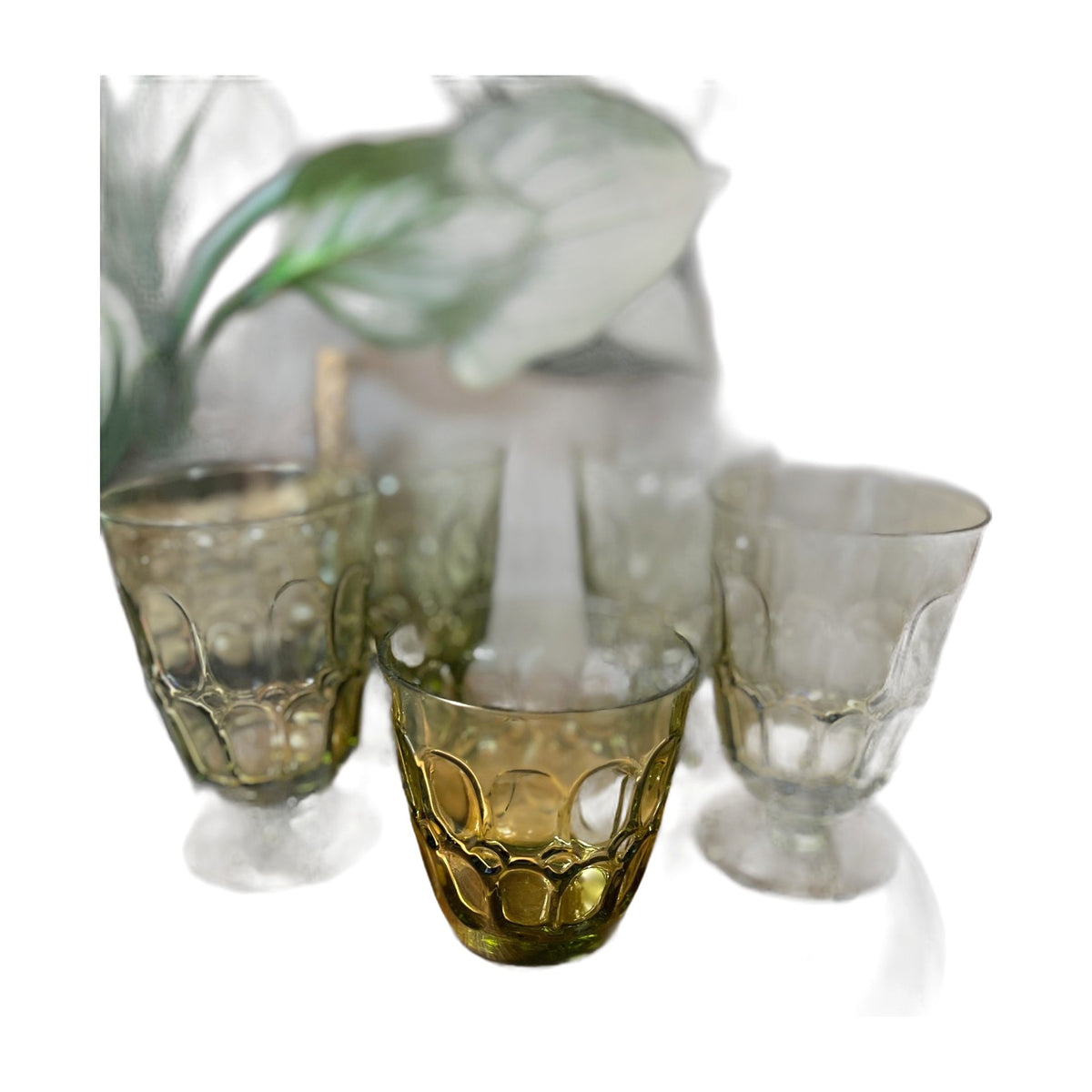 VTG Four Fostoria Mesa Amber Water Goblets Pedestal Base and One juice glass Etched Fostoria