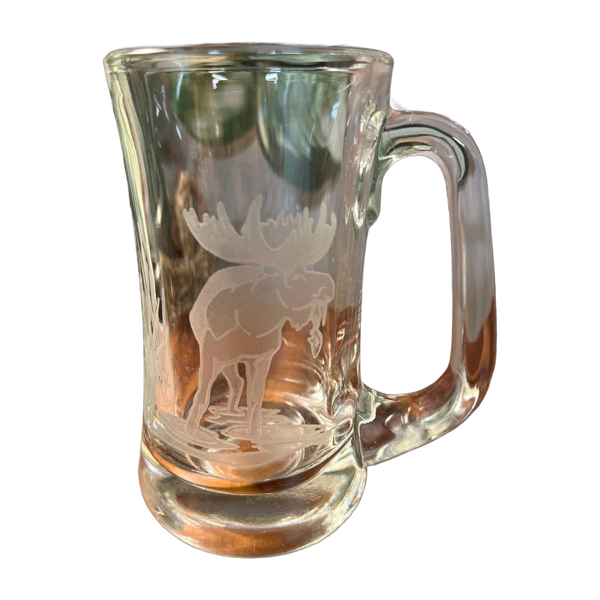 VTG Glass Mug Stein w Elk Etched Glass 6" tall