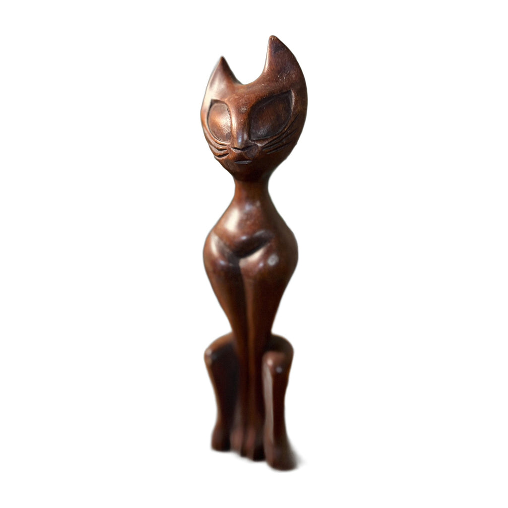Vtg MCM Carved Teak Wooden Siamese Cat Figure Retro Boho Home Decor
